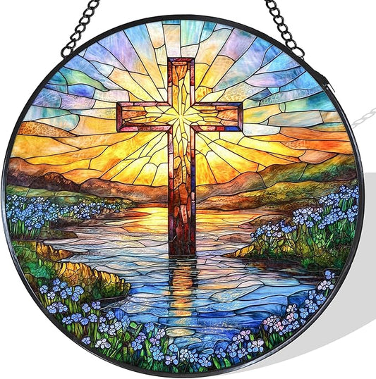 Cross Forget Me Not Stained Glass Window Hanging Suncatcher, Christian Flower Sunset Sun Catcher Indoor Window Decor Gifts, Religious Painted Glass Round Wall Hanging Decorations 7.8x7.8 in
