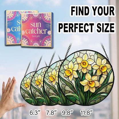 Birthday Gifts for Women - Yellow Daffodils Faux Stained Glass Window Hanging Sun Catcher for Door Garden Acrylic Decor Mother's Day Christmas for Mom Men Nana Grandma Sisters 9.8"