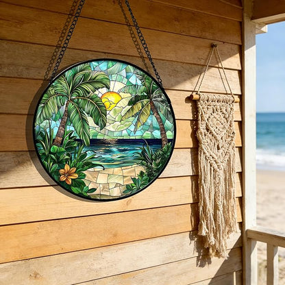 DASTOLL Stained Glass Window Hanging, Green Beach Scenery Suncatcher Diamond Glass Panel Hangings Sun Catchers Decor for Birthday for Women, Men, Wife, Aunt, and Mom 11.8x11.8 in