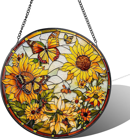 Stained Glass Sun Catcher,Sun FlowersStained Glass Window Hanging Garden Decor,Sun Catchers Indoor Window,Whimsical Decoration for Home Backyard Patio Lawn Porch with 6.3 INCH