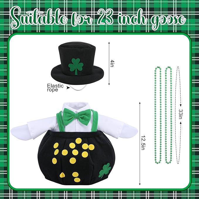 Watayo 4 Pcs/Set St. Patrick's Day Porch Goose Outfits, Shamrock Gold Coin Lawn Goose Statue Costume, Irish Clover Pot Garden Goose Clothes with Hat Bead Necklaces for 23" High Statue Patio Yard Decor
