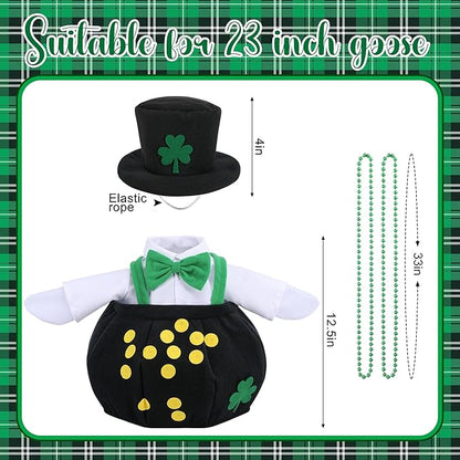 Watayo 4 Pcs/Set St. Patrick's Day Porch Goose Outfits, Shamrock Gold Coin Lawn Goose Statue Costume, Irish Clover Pot Garden Goose Clothes with Hat Bead Necklaces for 23" High Statue Patio Yard Decor