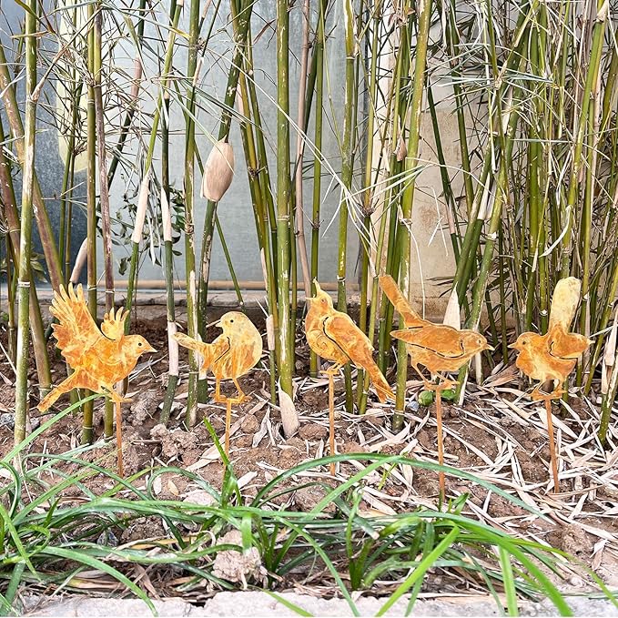 5PCS Rusty Birds Decoration Garden Stakes,Metal Birds Garden Decor for Outside,Rustic Wren Bed Decorations,Bird Lover Gifts for Women Mom Grandma Wife,Outdoor and Yard Art, Lawn Ornaments