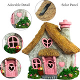 PRETMANNS Fairy House for Outside with Solar Powered LED Lights for Garden - Fairy Garden Houses for Outdoor - Miniature Accessories for Cottage Decor for Village - 7.56” High, Pink