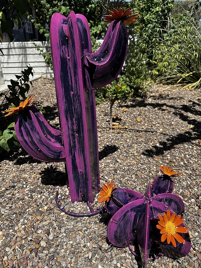 Colorful Metal Saguaro Cactus with Flowers - Handmade Garden Decor (Purple)
