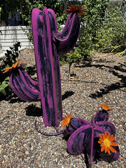Colorful Metal Saguaro Cactus with Flowers - Handmade Garden Decor (Purple)