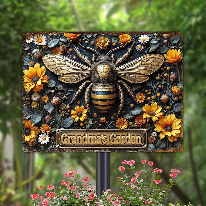 Custom Garden Signs Personalized Metal Tin Sign for Women, Bee Metal Sign for Outdoor, Patio, Yard Rustic Home Decor Gift for Mothers Day, Grandmas, and Gardening Lovers