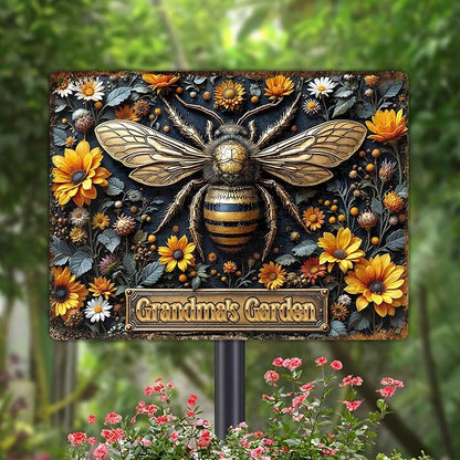 Custom Garden Signs Personalized Metal Tin Sign for Women, Bee Metal Sign for Outdoor, Patio, Yard Rustic Home Decor Gift for Mothers Day, Grandmas, and Gardening Lovers