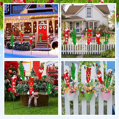 Roowest 5 Pack 12'' H Metal Christmas Yard Stakes Outdoor Decorations Red and Green Christmas Stocking Elf Santa Signs Winter Potted Plant Stakes for Holiday Lawn Garden Home Porch Party Decor