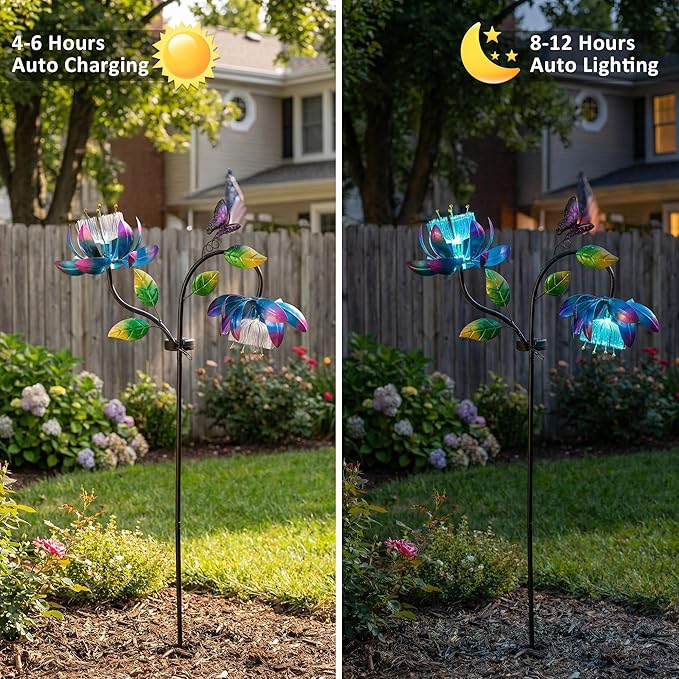 Solar Wind Spinner Outdoor Metal Garden Decor – 2-in-1 Kinetic Double Lotus Flower Stake with Glowing Fiber Optic Lights, Multi-Color Spinning Yard Art Sculpture for Patio, Lawn, and Pathway