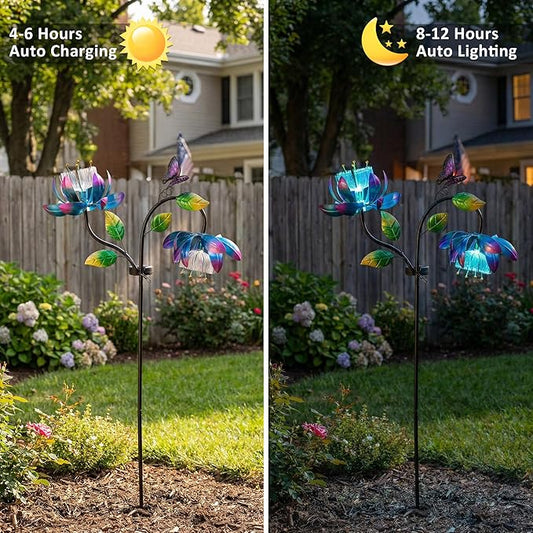 Solar Wind Spinner Outdoor Metal Garden Decor – 2-in-1 Kinetic Double Lotus Flower Stake with Glowing Fiber Optic Lights, Multi-Color Spinning Yard Art Sculpture for Patio, Lawn, and Pathway