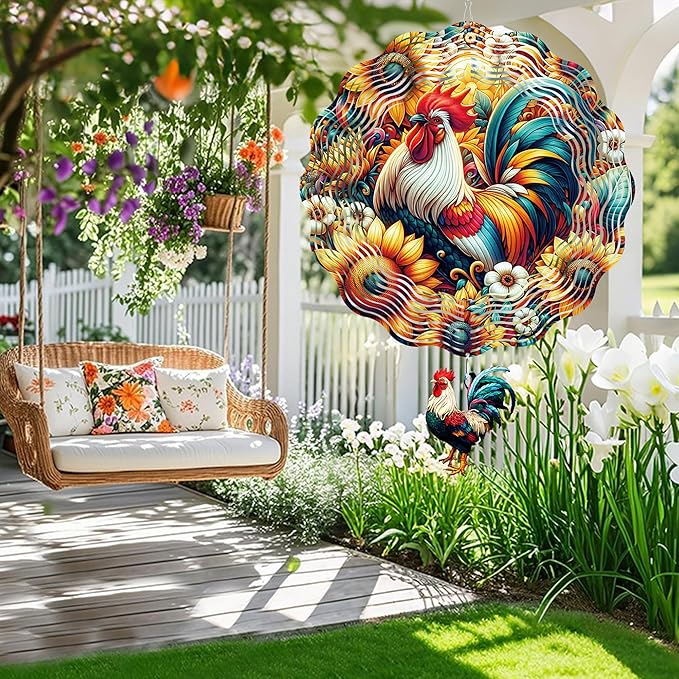 Rooster Wind Spinners, Chicken Gifts for Women Mom Grandma Wife, 12 inch 3D Stainless Steel Hanging Wind Spinners Outdoor for Garden Decorations, Christmas Thanksgiving Birthday Ornament Gifts