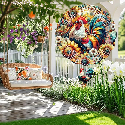 Rooster Wind Spinners, Chicken Gifts for Women Mom Grandma Wife, 12 inch 3D Stainless Steel Hanging Wind Spinners Outdoor for Garden Decorations, Christmas Thanksgiving Birthday Ornament Gifts