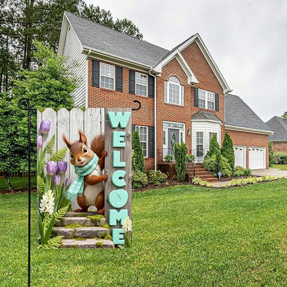 Spring Summer Welcome Flag with 12x18 inch ，Squirrel Design, Decorative Outdoor Double-Sided Banner with Purple Tulips and Mint Letters, Seasonal Home Yard Decor