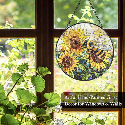 Vintage Bee Sunflower Stained Glass Window Hanging Suncatcher, Bumble Bee Sunflower Sun Catcher for Window Door Home Office Decor, Rustic Painted Glass Wall Hanging Decorations 7.8x7.8 in