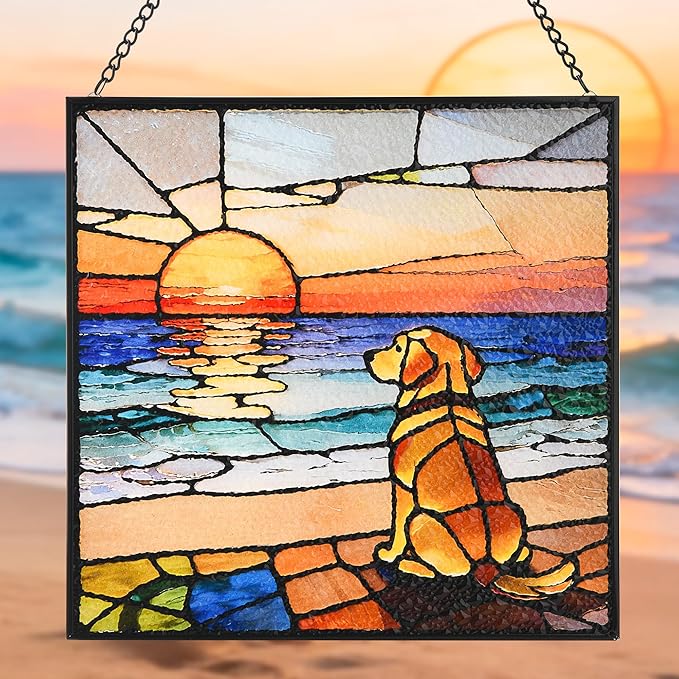 Hanging Stained Glass for Window Dog Suncatcher, Sun Catchers for Outdoor Decoration, Golden Retriever Garden Decor, Gifts for Women, Lovers, Couple, Friend, Bestie