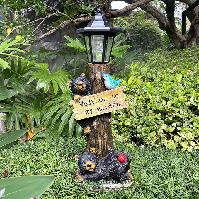 19 Inches Bear Statue Welcome Sign Garden Statue with Solar Lights, Resin Bear Family on The Tree, Outdoor Bear Décor for Yard, Garden, Lawn, Patio, Black and Brown Animal Statue