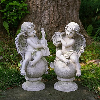 Northlight 14.75" Set of 2 Cherub Angels with Instruments Outdoor Garden Statues