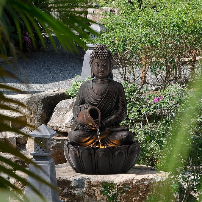 Glitzhome Buddha Statues 21" H, Zen Style Outdoor Buddha Fountian with LED Light & Pump, Outdoor Floor Freestanding Fountain Meditative Garden Buddha Sculptures & Statues for Garden Porch Lawn Decor