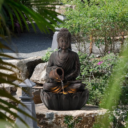 Glitzhome Buddha Statues 21" H, Zen Style Outdoor Buddha Fountian with LED Light & Pump, Outdoor Floor Freestanding Fountain Meditative Garden Buddha Sculptures & Statues for Garden Porch Lawn Decor