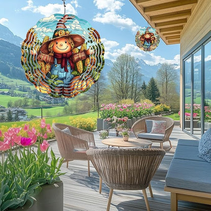 Pumpkin Scarecrow Wind Spinners Outdoor, Hanging Wind Spinner for Garden Decoration, 8 inch 3D Stainless Steel Metal Wind Sculpture for Indoor/Outdoor Decor