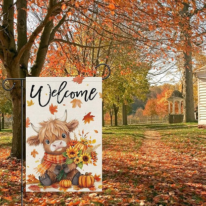 Heyfibro Welcome Fall Highland Cow Garden Flag 12x18 Double Sided Burlap, Autumn Pumpkin Sunflower Yard Flags for Thanksgiving Rustic Seasonal Outside Outdoor Decoration (ONLY FLAG)