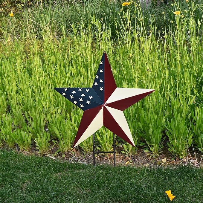Linfevisi American Flag Star Yard Signs 17.7 Inch 2 Pack of Metal Patriotic Barn Stars Garden Stakes US Flag Outdoor 4th of July Decorations Memorial Day Yard Art Lawn Ornaments Patio for Outside
