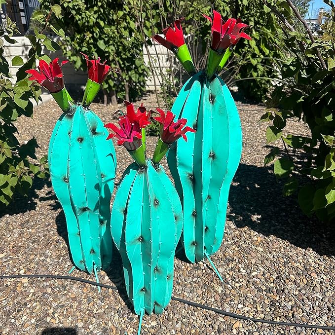 Handmade Metal Peanut Cactus with Flower - Garden Art (Turquoise (28 inches))