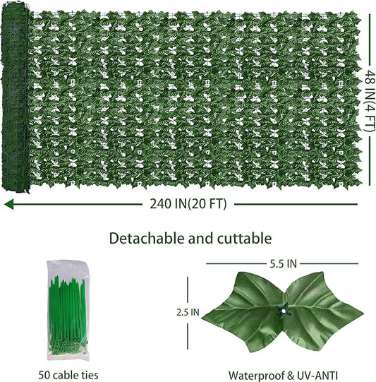ODTORY Artificial Fence Privacy Screen: 4FT x 20FT UV-Anti Faux Greenery Backdrop Ivy Chain Link Shades Panels for Patio, Balcony, Garden,Deck,Backyard Indoor Outdoor Green Wall Decor