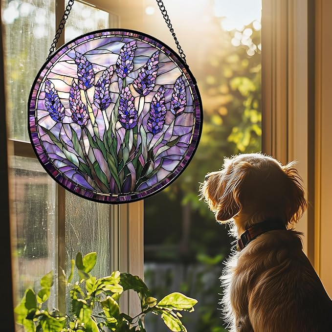 Stained Glass Window Hanging - Purple Flowers Suncatcher for Door Terrace Garden Home Decor Lavender Plant Floral Sun Catcher Birthday Gifts for Lovers Women Men Dad Mom Nana 11.8 in