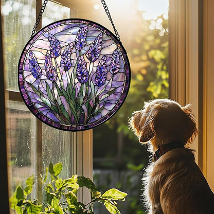 Stained Glass Window Hanging - Purple Flowers Suncatcher for Door Terrace Garden Home Decor Lavender Plant Floral Sun Catcher Birthday Gifts for Lovers Women Men Dad Mom Nana 11.8 in