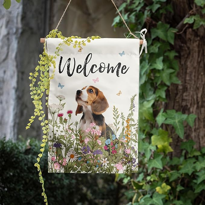Spring Summer Garden Flag Floral Beagle Yard Flag Flower Dog Garden Flags for Outside Small Outdoor Welcome Flags 12x18 Double Sided