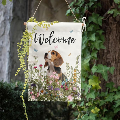 Spring Summer Garden Flag Floral Beagle Yard Flag Flower Dog Garden Flags for Outside Small Outdoor Welcome Flags 12x18 Double Sided