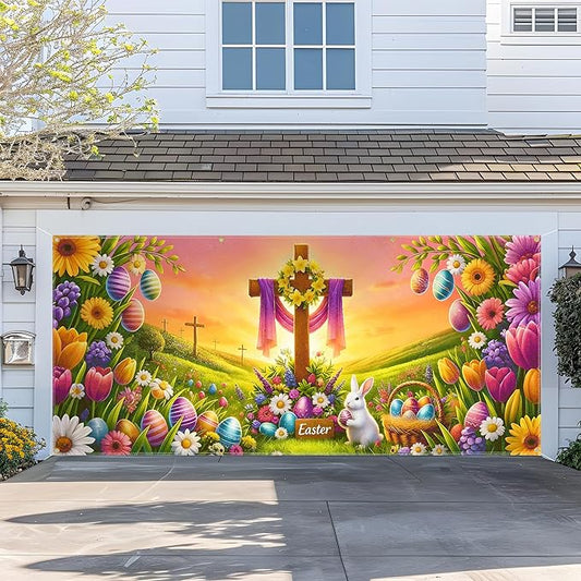 Easter Garage Door Banner 157.5x70.9in Large Spring Garage Door Cover Bunny Floral Outdoor Decorations for House Exterior Party Decor with Grommets Rope