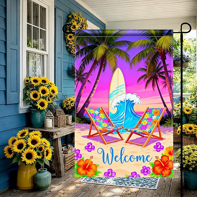 BlissYard Welcome Summer Beach Garden Flag 12x18 Double Sided Vertical Outdoor Decor Surfboard Chair Tropical Yard Garden Lawn Banner Coastal Seasonal Display