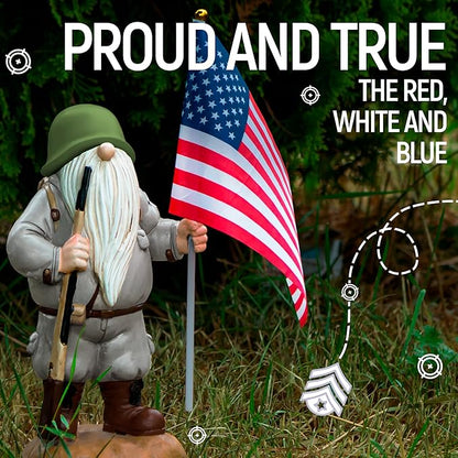 Patriotic Solar Garden Gnome with American Flag, 11" Resin Armed Garden Gnomes Outdoor Statue, Military Yard Gnome Decor, Gift for 4th of July, Memorial Day, Veterans Day