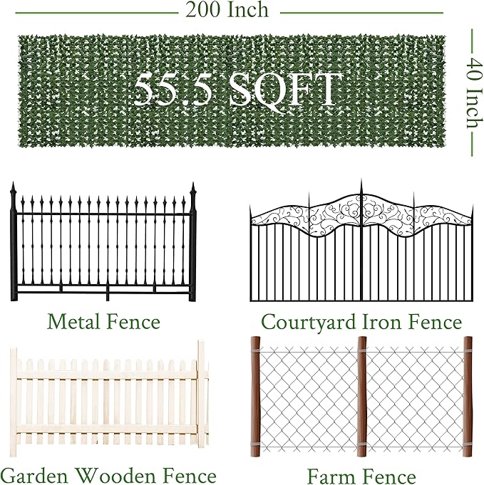 Artificial Ivy Privacy Fence Screen: 40"x 200" (56 Sqft) Anti-Ultraviolet Artificial Hedge Grass Wall, Used for Indoor and Outdoor Green Background, Garden Greening Decoration