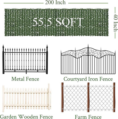 Artificial Ivy Privacy Fence Screen: 40"x 200" (56 Sqft) Anti-Ultraviolet Artificial Hedge Grass Wall, Used for Indoor and Outdoor Green Background, Garden Greening Decoration