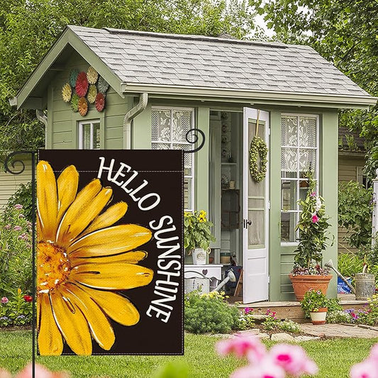 AVOIN colorlife Hello Sunshine Garden Flag 12x18 Inch Double Sided Outside, Summer Spring Floral Yellow Daisy Yard Outdoor Flag Black