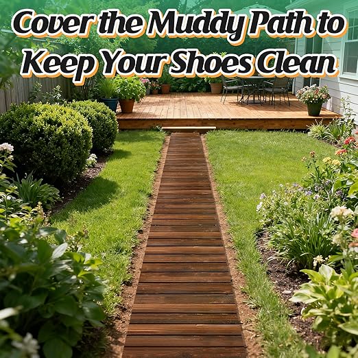 2pcs 8.2ft Wooden Garden Pathway - Weather Resistant Carbonized Pine Roll Out Decorative Walkway, Boardwalk Pathway Pavers for Outside Stepping Stones Outdoor Flooring Patio Pool Backyard (Brown)