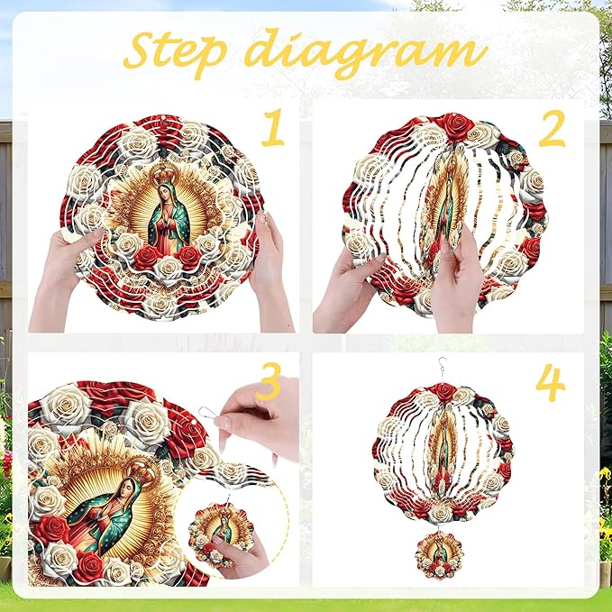 Virgin Mary Wind Spinner Outdoor, Christian Decor Gift, Hanging Metal Wind Catcher with 2.4" Guadalupe Center Pendant, 12" 3D Stainless Steel Kinetic Art for Garden Yard