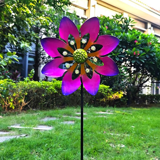 COOZZYHOUR Outdoor Metal Flower Wind Spinners,36 Inch Purple Flower Windmill with Stake,Pinwheels for Yard Lawn Patio and Garden Decor-Purple