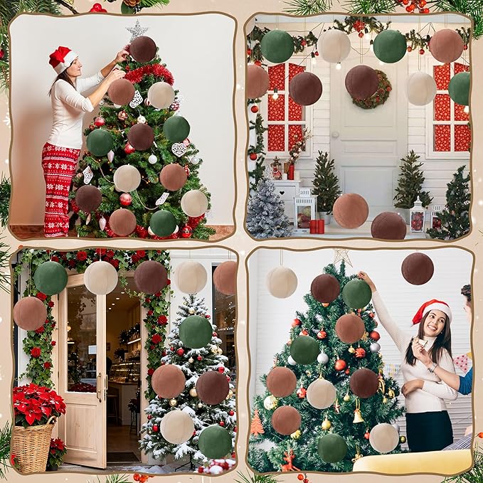12 PCS 8 Inch Large Christmas Inflatable Ball, Outdoor Hanging Ornament Velvet Xmas Balls with 4 Colors, Neutral Christmas Decoration Ball for Yard Lawns Porch Garden Front Door Holiday Decor
