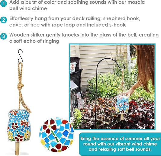 Sunnydaze Spring Flowers Wind Bell - Mosaic Glass Wind Chime Bell for the Patio, Deck, or Porch - 7"