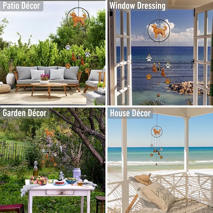 CoTa Global Golden Retriever Dog Wind Chime - Dog in Round Frame Hanging Decor with Bronze Tone Wind Chime Tubes and Round Wind Catcher, Indoor Outdoor Porch Patio Yard Garden Decoration - 35 Inches