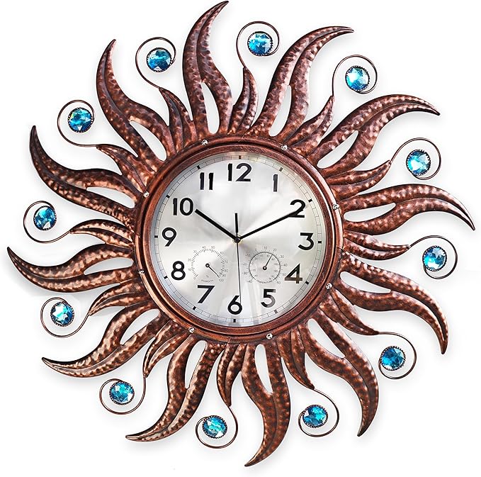 COOZZUHOUR 25 Inch Metal Sun Outdoor Shaped-Clock with Thermometer and Hygrometer Combo, Battery-Powered 10-inch Waterproof Dial and Silent Quartz Movement for Home Decorative Gifts(Bronze)