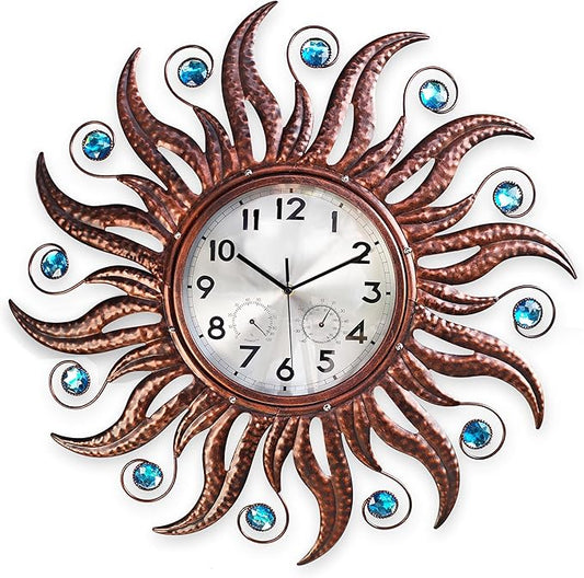 COOZZUHOUR 25 Inch Metal Sun Outdoor Shaped-Clock with Thermometer and Hygrometer Combo, Battery-Powered 10-inch Waterproof Dial and Silent Quartz Movement for Home Decorative Gifts(Bronze)