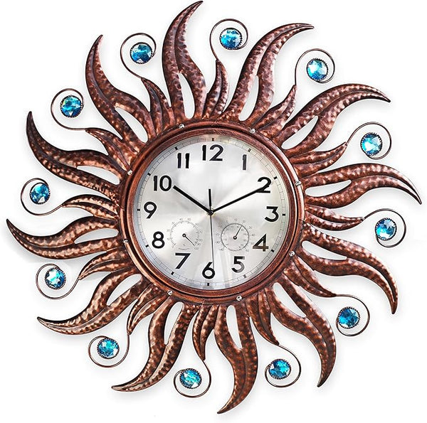 COOZZUHOUR 25 Inch Metal Sun Outdoor Shaped-Clock with Thermometer and Hygrometer Combo, Battery-Powered 10-inch Waterproof Dial and Silent Quartz Movement for Home Decorative Gifts(Bronze)