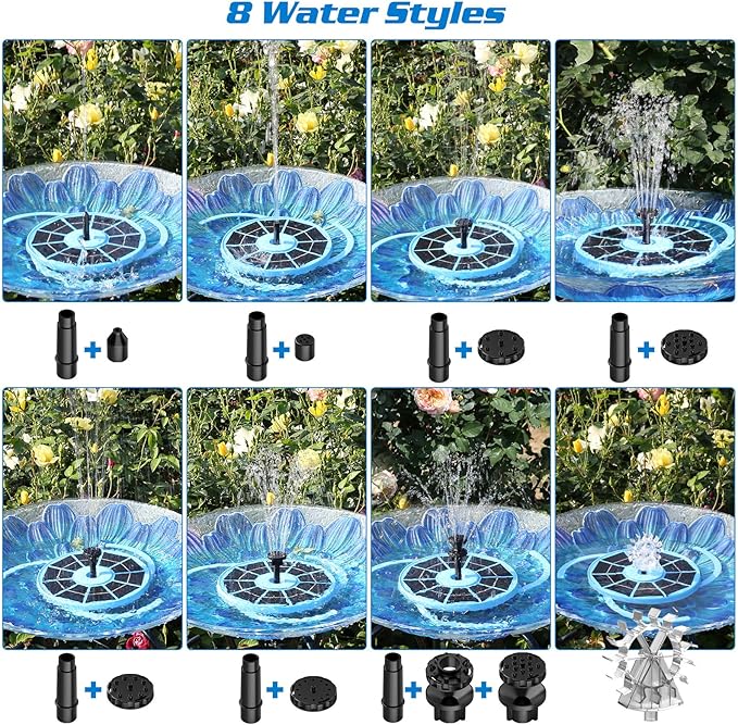 AISITIN 3.5W Solar Bird Bath Fountain with Built-in 1800mAh Battery, Solar Water Pump with 8 Nozzles, Solar Powered Fountain for Garden, Birdbath, Pond, and Outdoor Decor