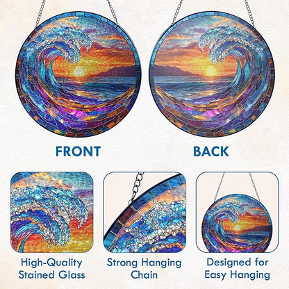 FLAGWIX Beach Gifts for Women Men - Stained Glass Window Hanging 10 in - Beach Decorations for Home, Sun Catchers Indoor Window for Ocean Decor, Suncatchers for Windows Hanging, Boho Gifts for Women